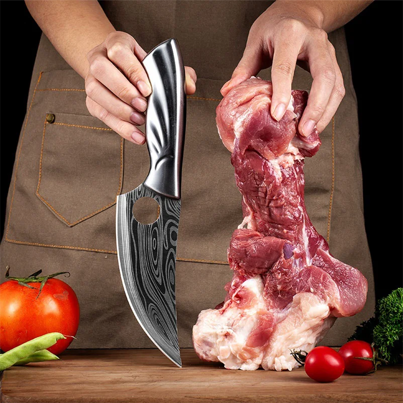 Походный Тактический мясницкий нож из нержавеющей стали с Дамасским узором кухонный викингов кованый ножнами