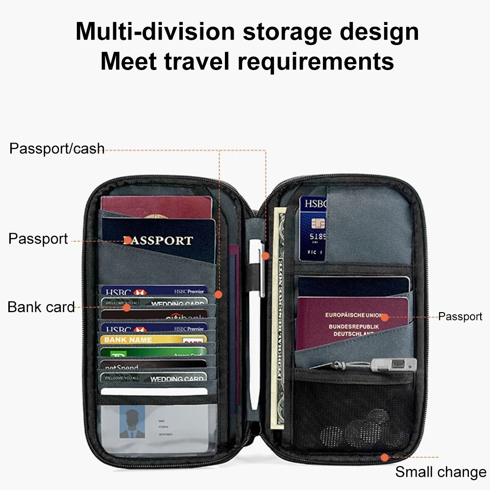 Multi-Purpose Lightweight Family Travel Document Organizer RFID Passport Holder Wallet with Zipper Closure and Small Pockets