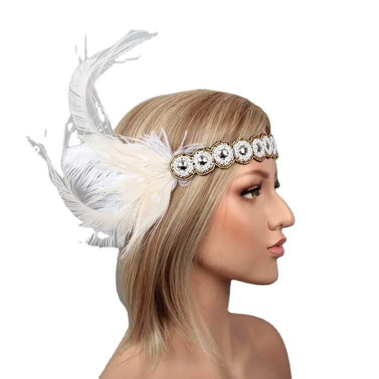White crystal rhinestones feather headpiece 1920s great gatsby bridal headdress in China