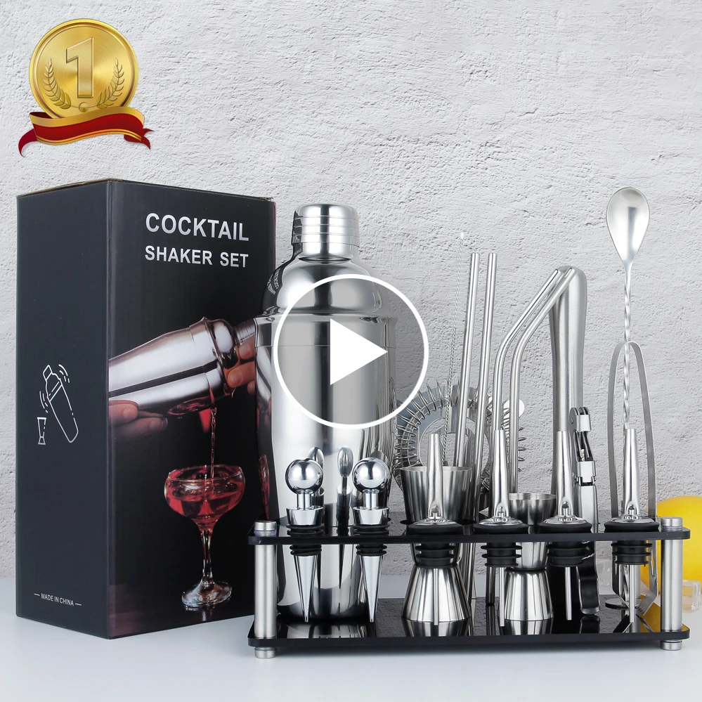 Hot Selling Products 2024 Bar Tools 20-Piece Bartender Kit Stainless Steel Cocktail Shaker Set with Acrylic Stand