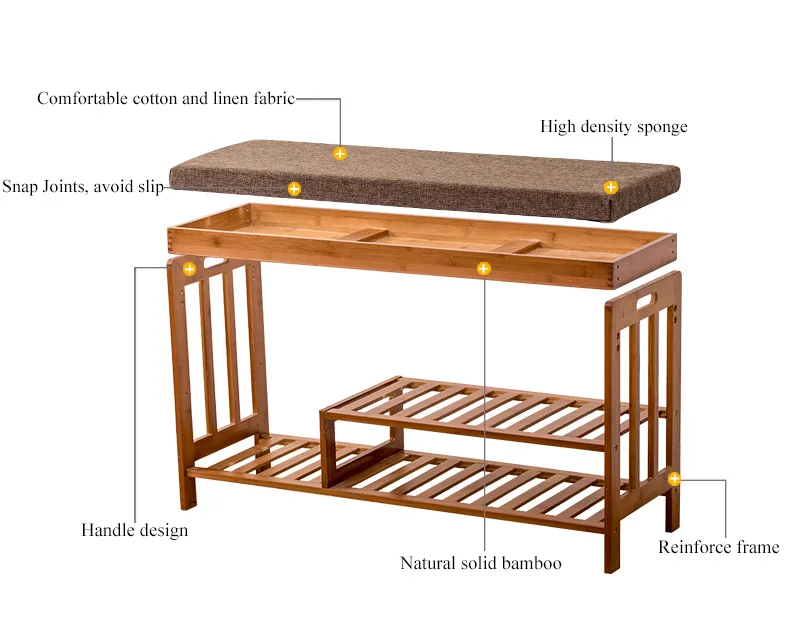 Bamboo Porch Change Shoe Stool with Cushion Sitting Shoes Rack