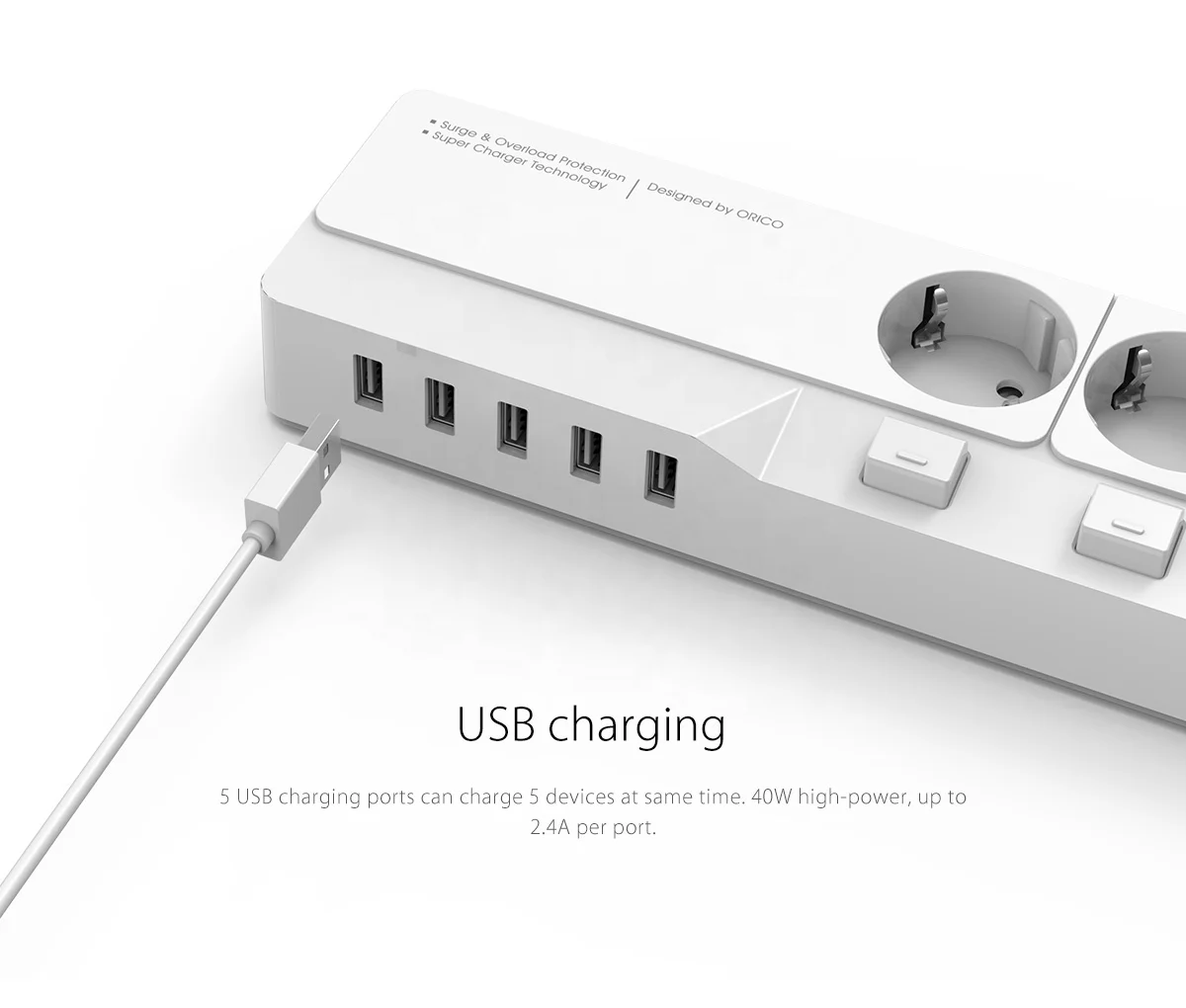 ORICO 4 AC Outlet 5 USB Port Surge Protector Smart Plug Extension Socket EU OSJ-4A5U-EU