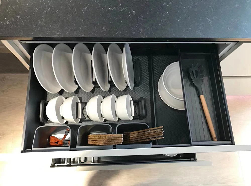 Goldmine JING HUA slide out cabinet organizers deep tableware pullout storage basket high end dishes cabinet pull out drawers