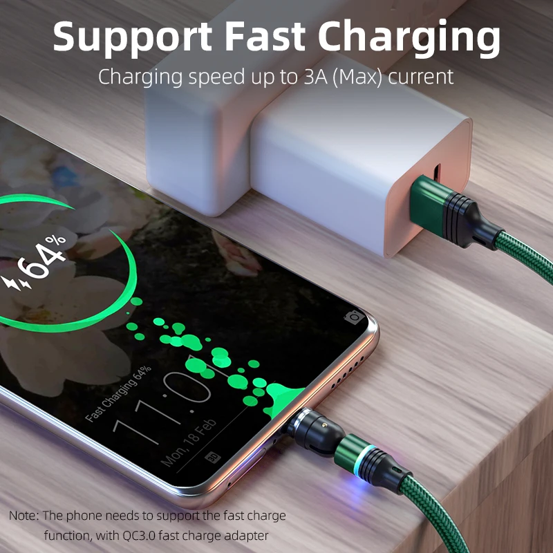 Вращающийся на 540 градусов зарядный кабель 3 в 1 светодиодный 3A Type C Micro USB для передачи
