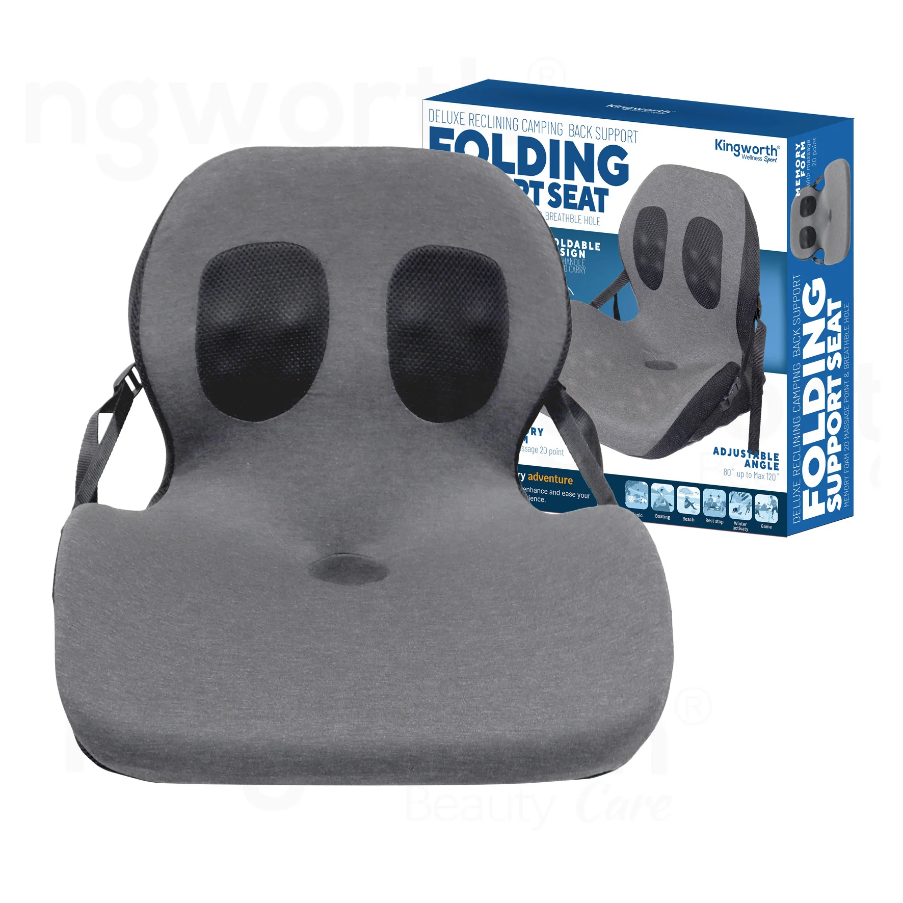 Kingworth High Quality Outdoor Picnic Camping Cushion Adjustable Angle Memory Foam Folding Back Support Seat Cushions & Pillow