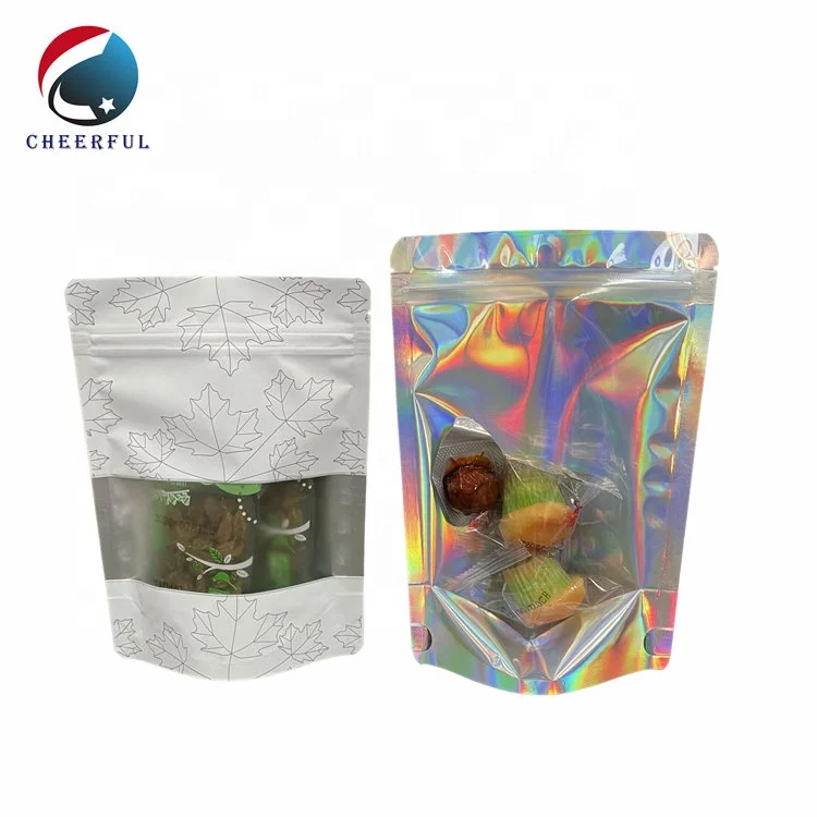 Custom Printed Smell Proof Clear Mylar Holographic Bag Zip Lock Unique Shaped Dried Mushroom Packaging Bags With Window