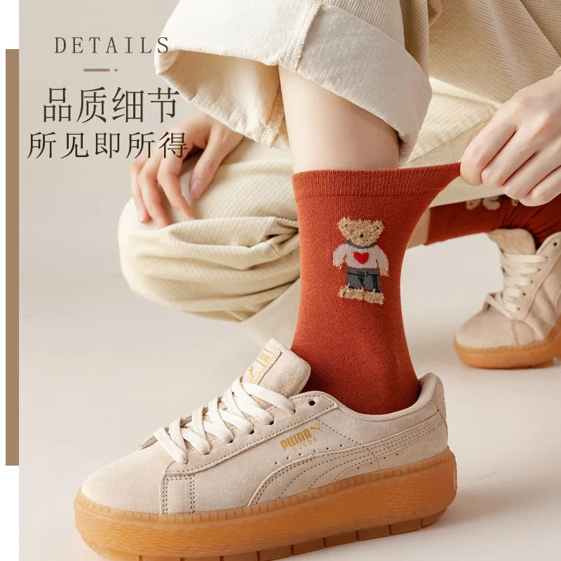 Women socks middle tube spring and autumn cotton stockings lovely pile stockings Cartoon Bear cute style stockings