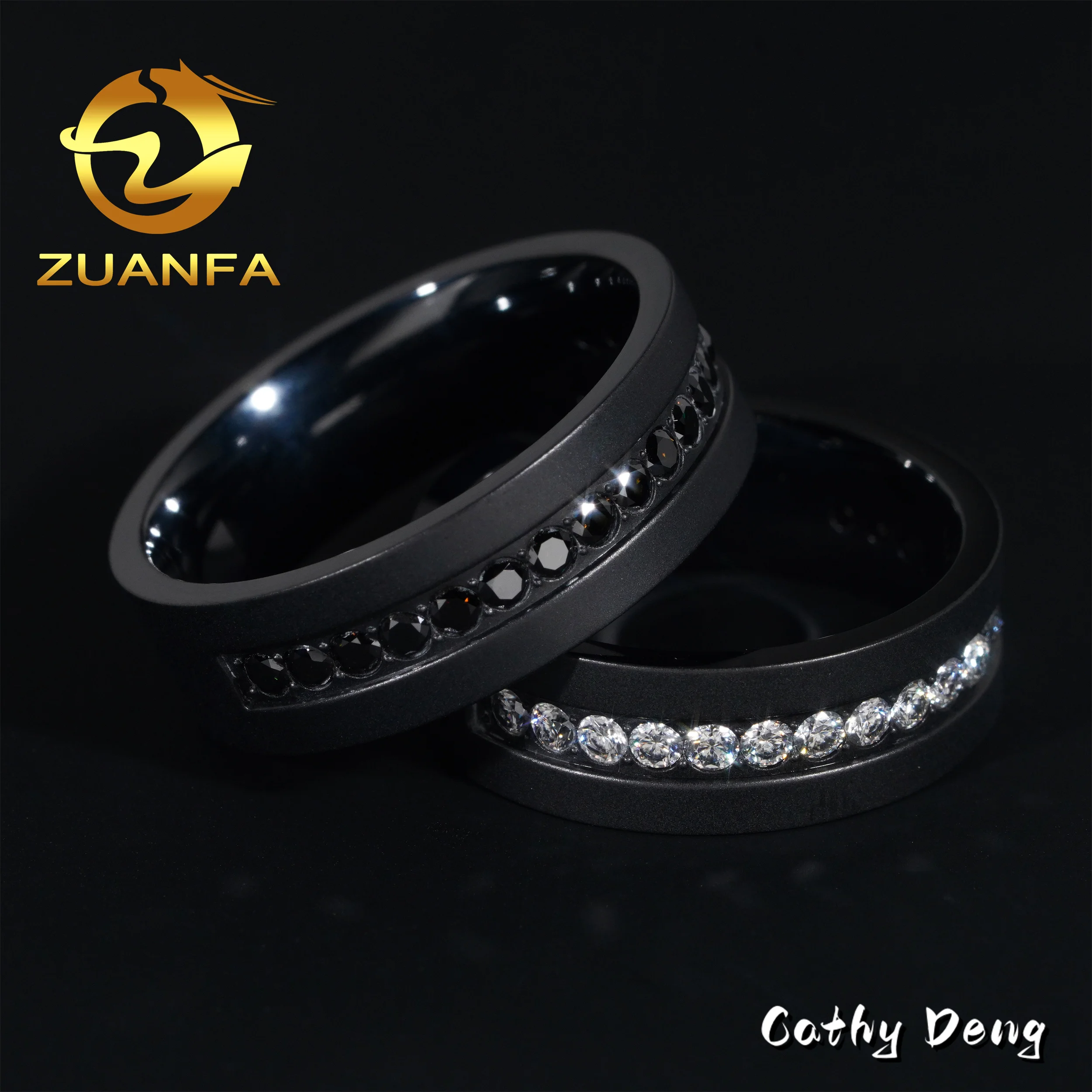 Fashion Rapper Jewelry Black Stainless Steel Men Wedding Ring Half Row Iced out Moissanite Diamond Titanium Hip Hop Ring