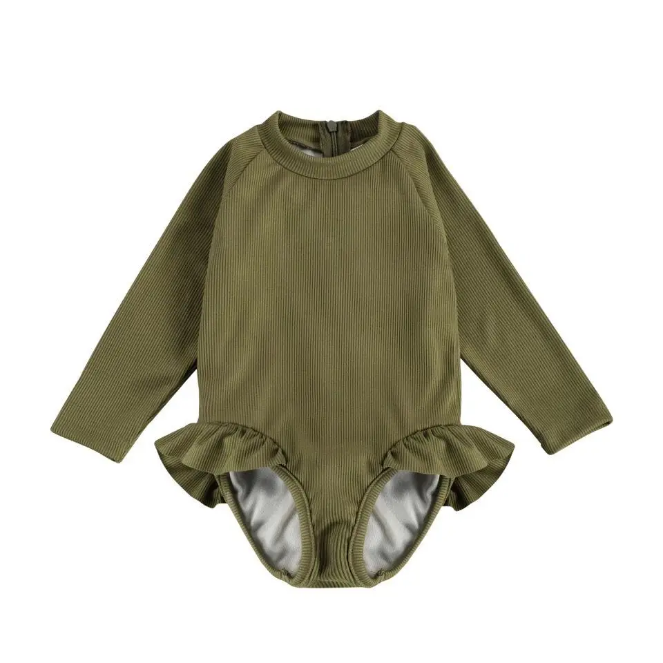 Kids Baby Girl One Piece Swimsuit Long Sleeve Round Neck Back Zipper Monokini Children Swimwear Ruffles Ribbed Bathing Suit
