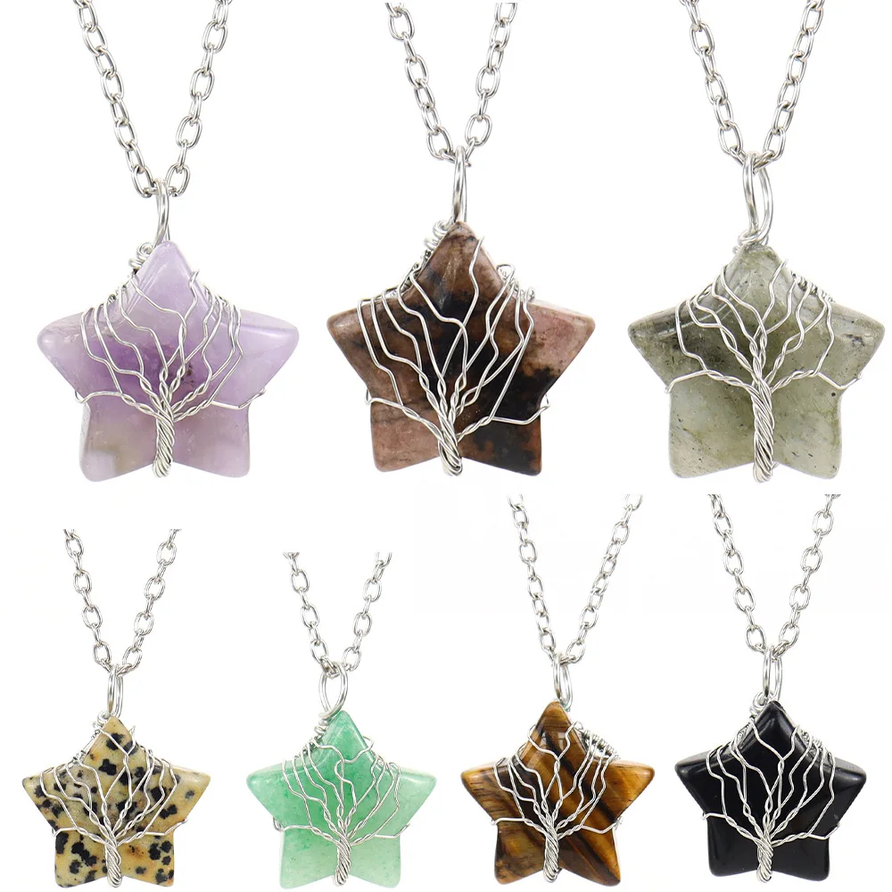Tree Of Life Silver Wire Wrapped Crystal Star Pendant Necklace Healing Amethyst Stone Necklaces Natural Gemstone Quartz for Girl