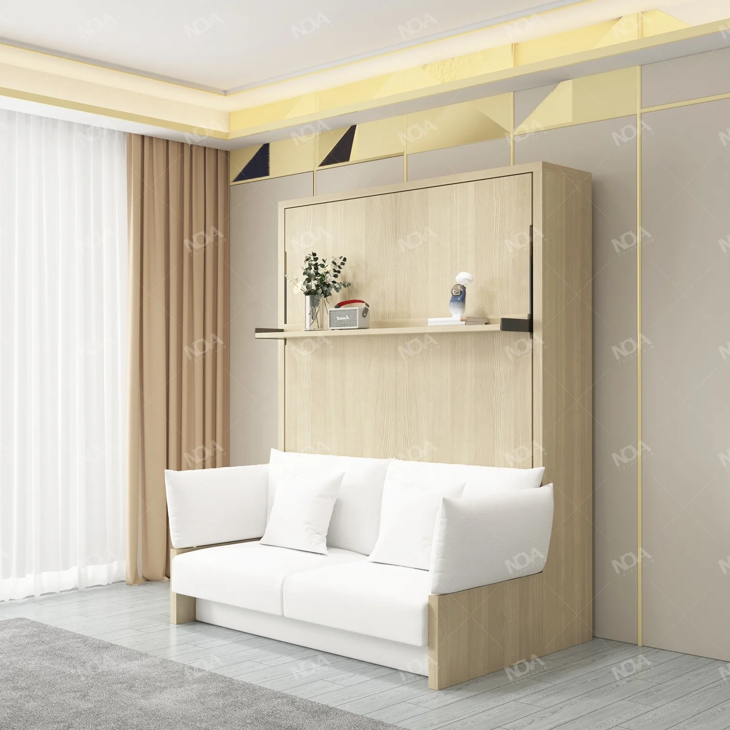 NOVA Portable Space Saving Murphy Wall Bed Folding Bedroom Furniture Natural Color Queen Wall Melamine Bed Frames With Sofa Set