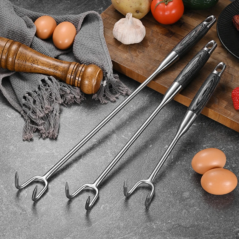 High Quality 304 Stainless Steel Meat Hooks Food Handy Flipper Barbecue Pork Sausage Hanging Hook Long Handle Meat Hooks