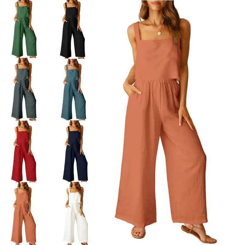 Ladies Outfits Lounge Wear Matching Sets Linen Sleeveless Tank Top Wide Leg Pants Casual Suit