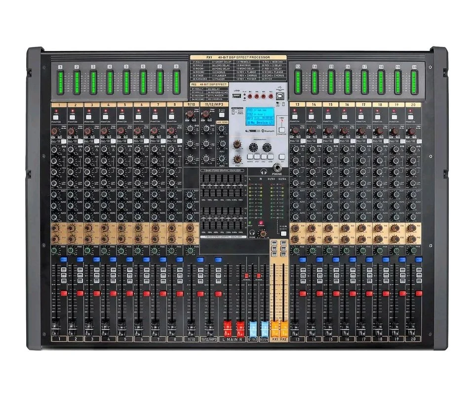 XTUGA TFB-20 NEW DESIGN 20 CHANNEL PREFEEIONAL AUDIO MIXER WITH 2 STEREO FOUR GROUP OUTPUTS AUX SOUNDCARD 7 BAND EQ 100mm FADER