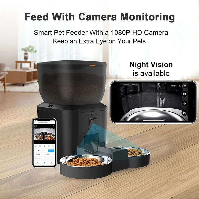 OEM 7L Automatic Dog Feeder With Camera 5G WiFi Stainless Steel Double Bowl Pet Food Dispenser Automatic Feeder For Dog And Cat