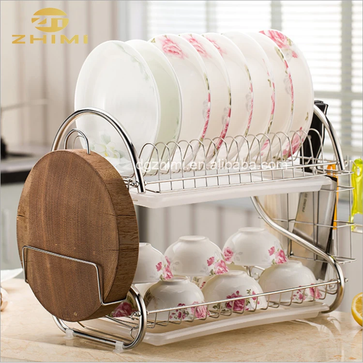 2-Tier Metal Dish Storage and Drainboard Kitchen Chrome Cup Drying Rack Tray Cutlery Drainer Holder