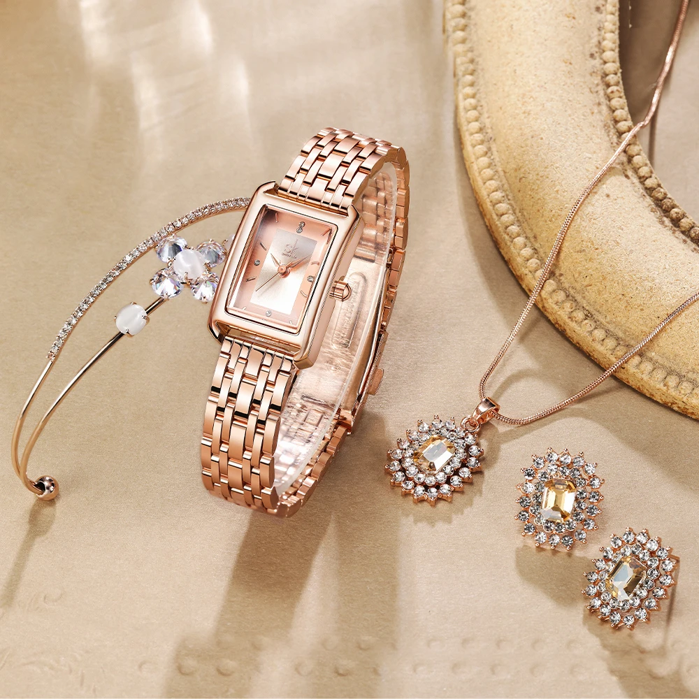 Quality brand SK Quartz rose gold watches bracelet luxury earrings set ladies watch