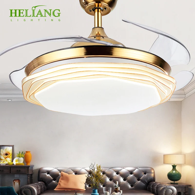 Factory sells modern acrylic gold dimmable ceiling lights with 3 blades smart remote control fan and Led lights