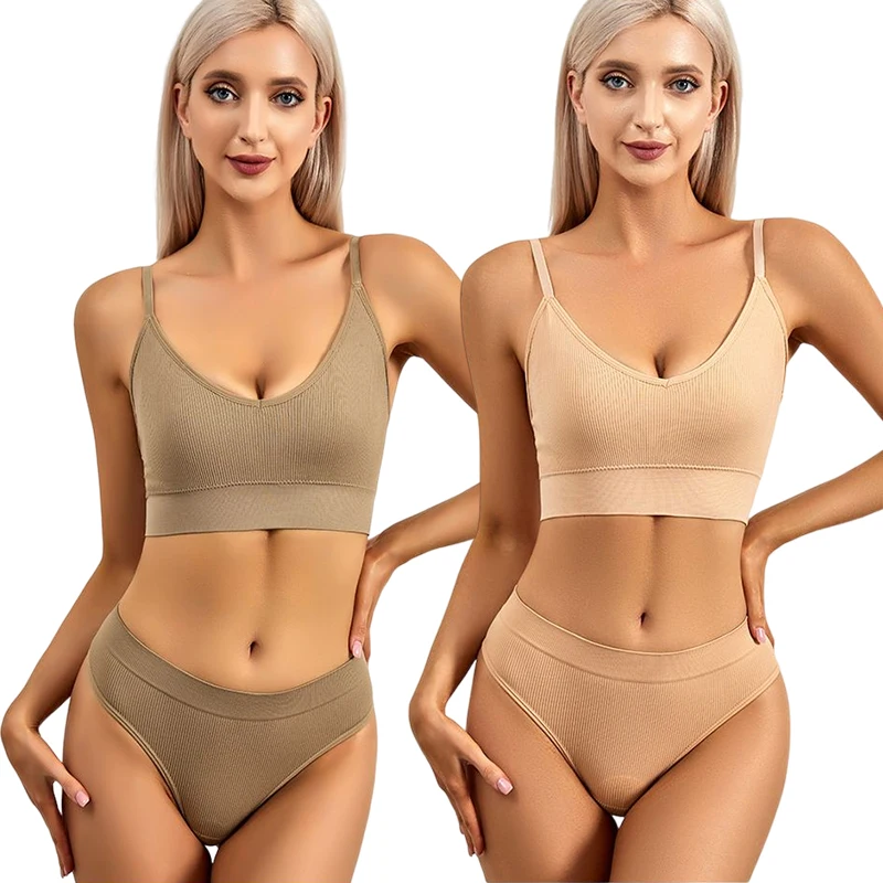 Customize Logo Women Bra Thong Set Sporty Underwear Set Free Size Seamless Bra with Removable Pads Sexy Plain Dyed Knitted