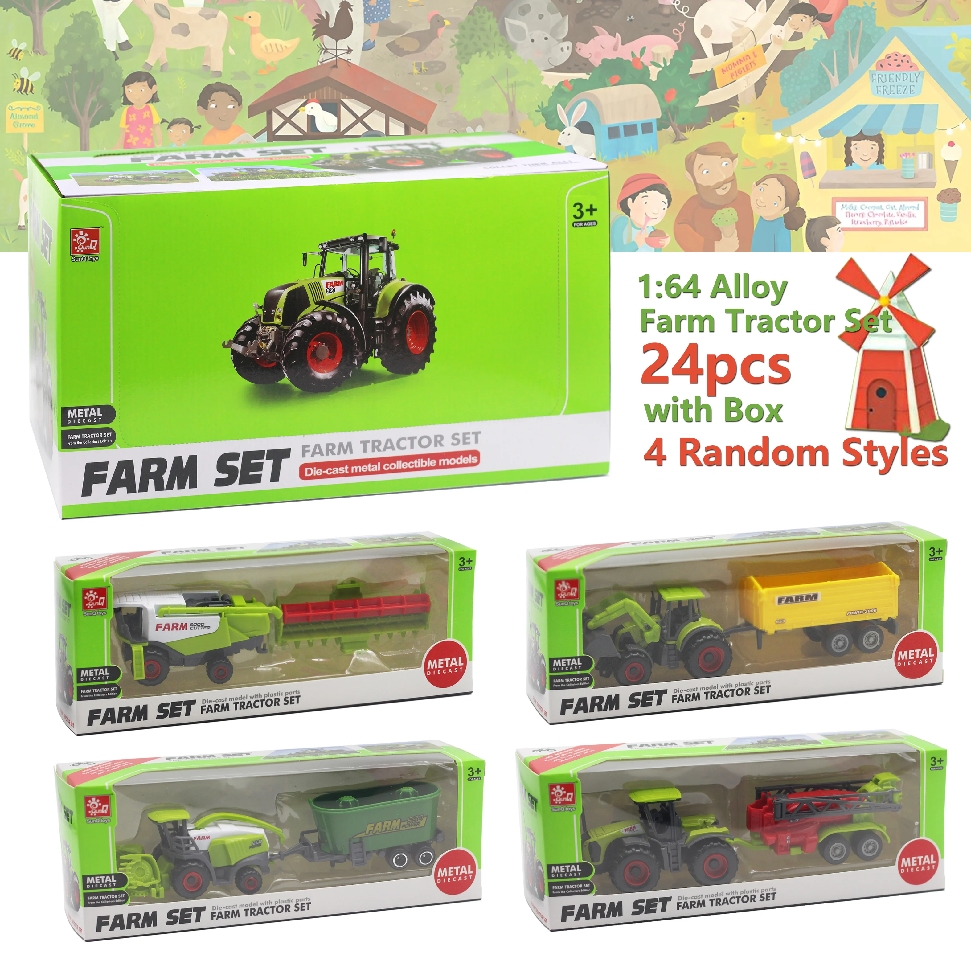 SunQ Multifunctional metal diecast vehicle toy car farm 24pcs alloy toy tractor trailer set