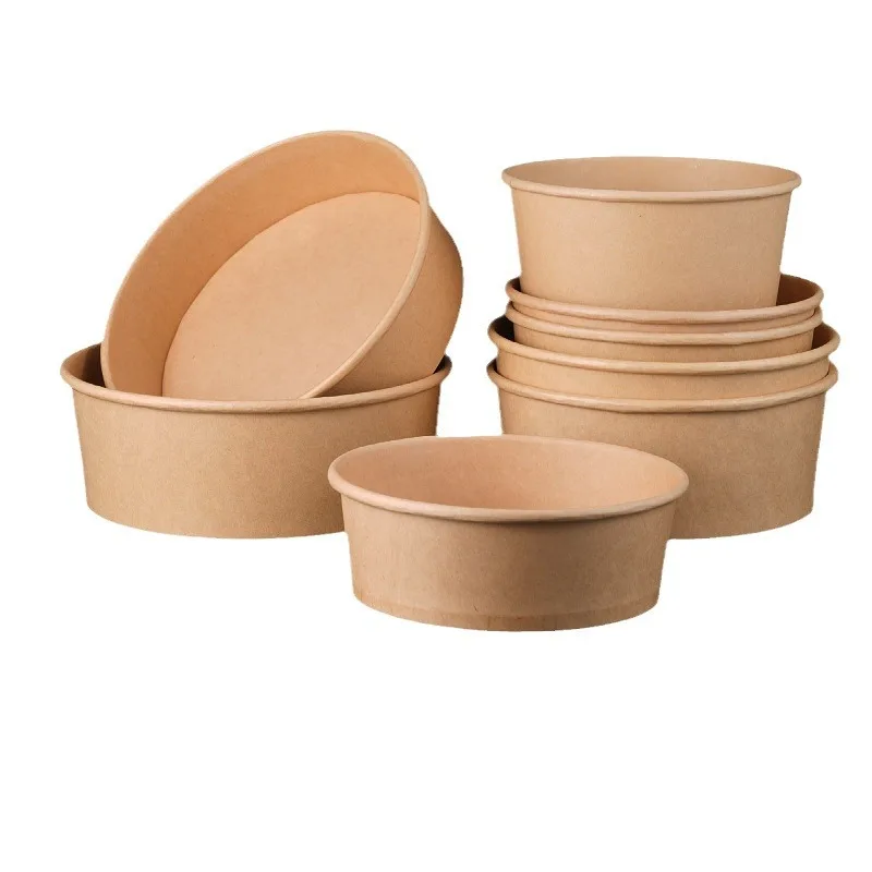 Wholesale Custom Kraft Paper Disposable Bowls With Lids for Take-Out Fruit Fish Salad Tableware Printing