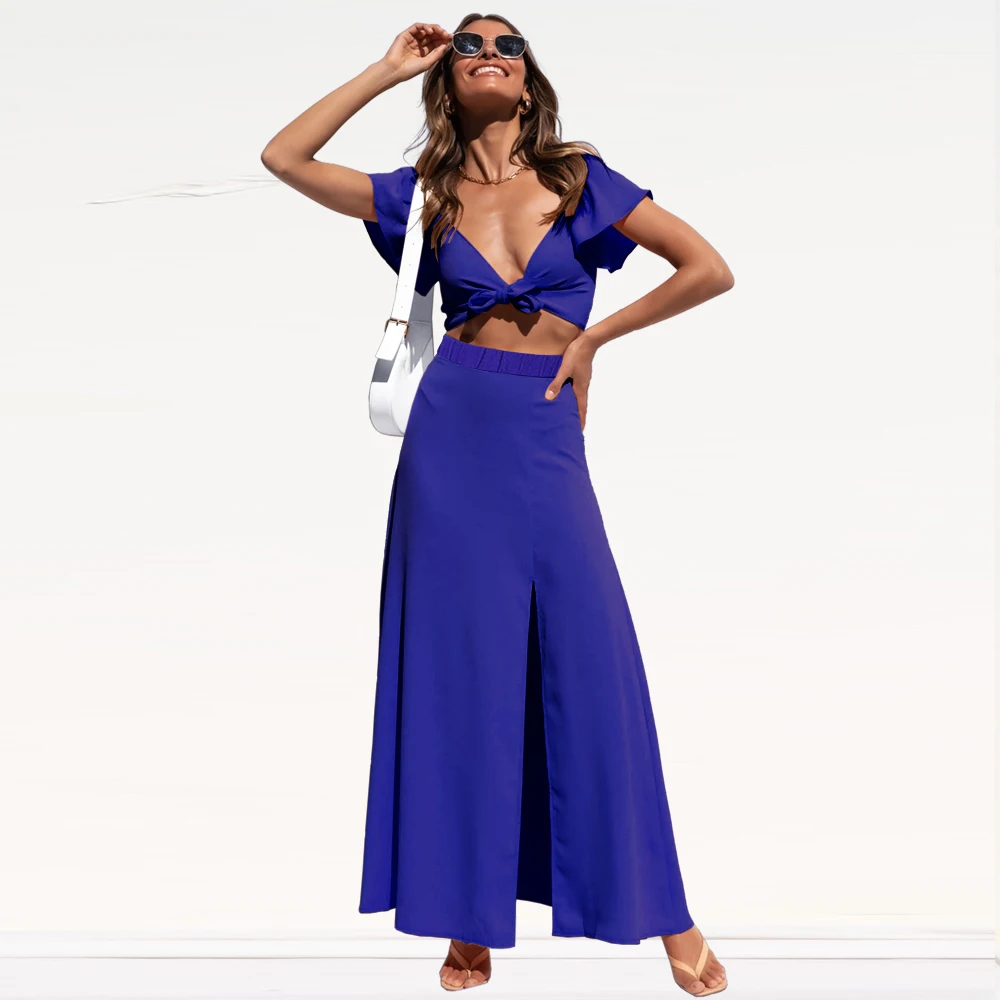 2022 spring and summer suits casual beach chiffon tops straight slit skirts fashionable new suits women dress