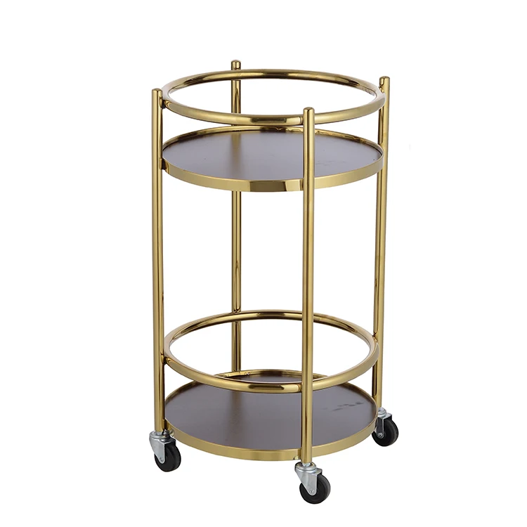 High quality Liquor cart with Wheels Gold color stainless steel food service Food Cart Antique Wooden