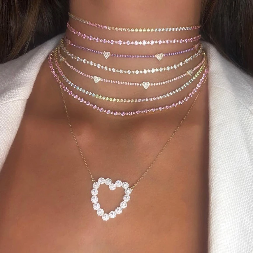 Trendy Pastel Color Cz Heart Shape Jewelry 5 Pcs Cute Sweet Heart Charm Tennis Link Chain Valentines Gift Choker Necklaces