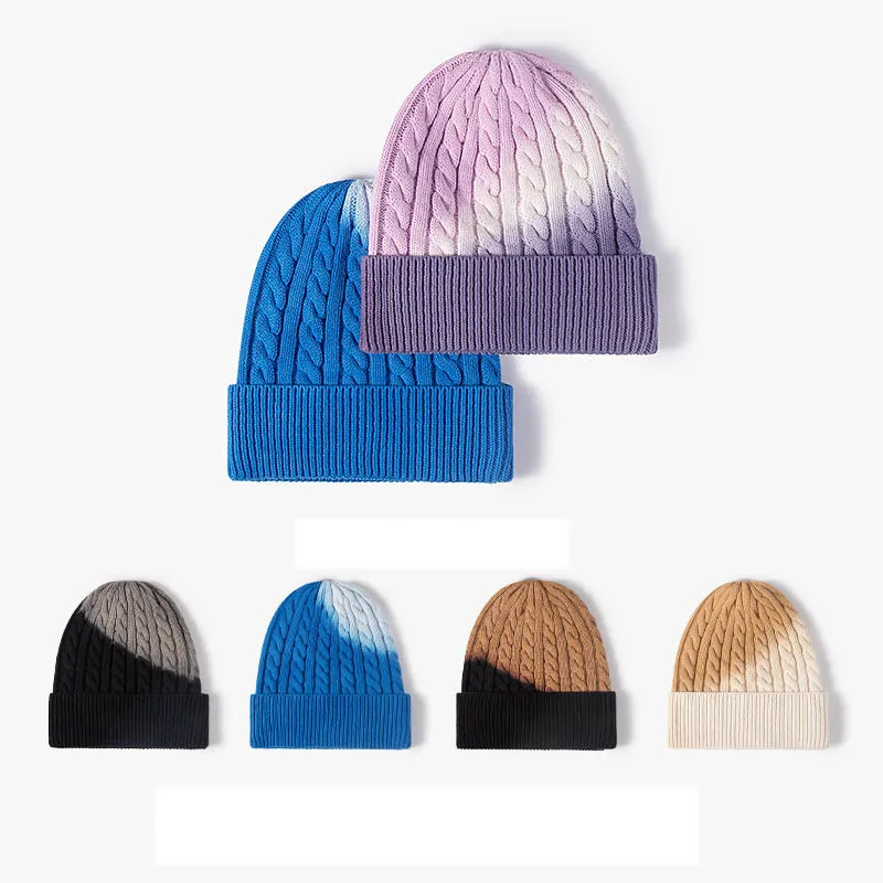 High quality women fashion plain beanie knitted custom logo men outdoor winter warm gradient tie die beanie hat