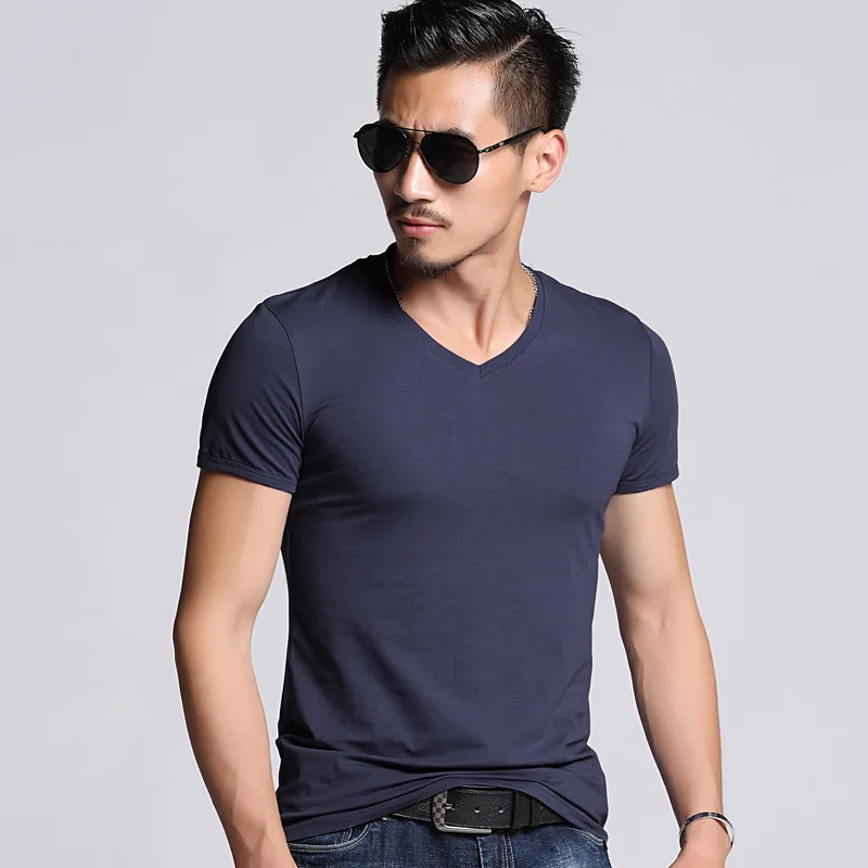 C Deep V Neck T Shirt For Men Low Cut Vneck Wide Vee Tee Male Tshirt Invisible Undershirt Model Scoop Hem Slim Fit Short Sleeve