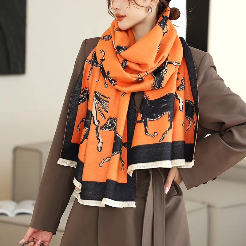 2023 ladies luxury animal horse pattern winter cashmere scarves women solid color plain double sided pashmina shawls