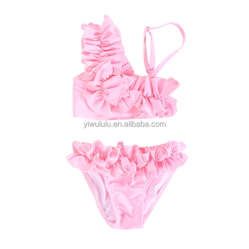 pink color two piece girls beach wear ruffle baby swimming suits
