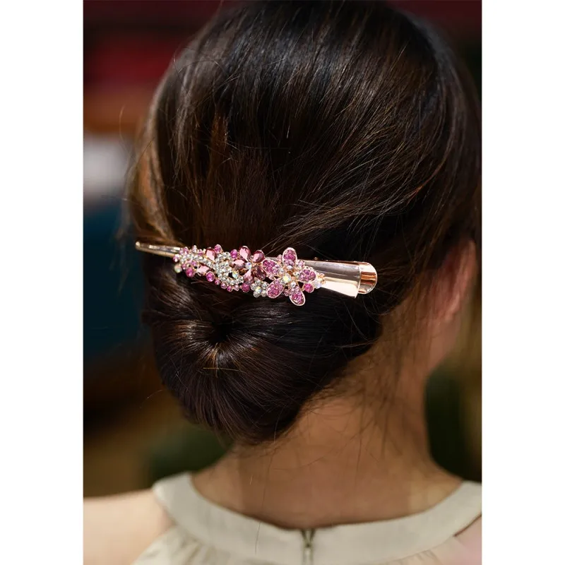 Sparkly Flower Leaf Rhinestone Long Metal Alligator Hair Clips Duckbill Clips Barrettes Hair Pins Accessories for Women Girls