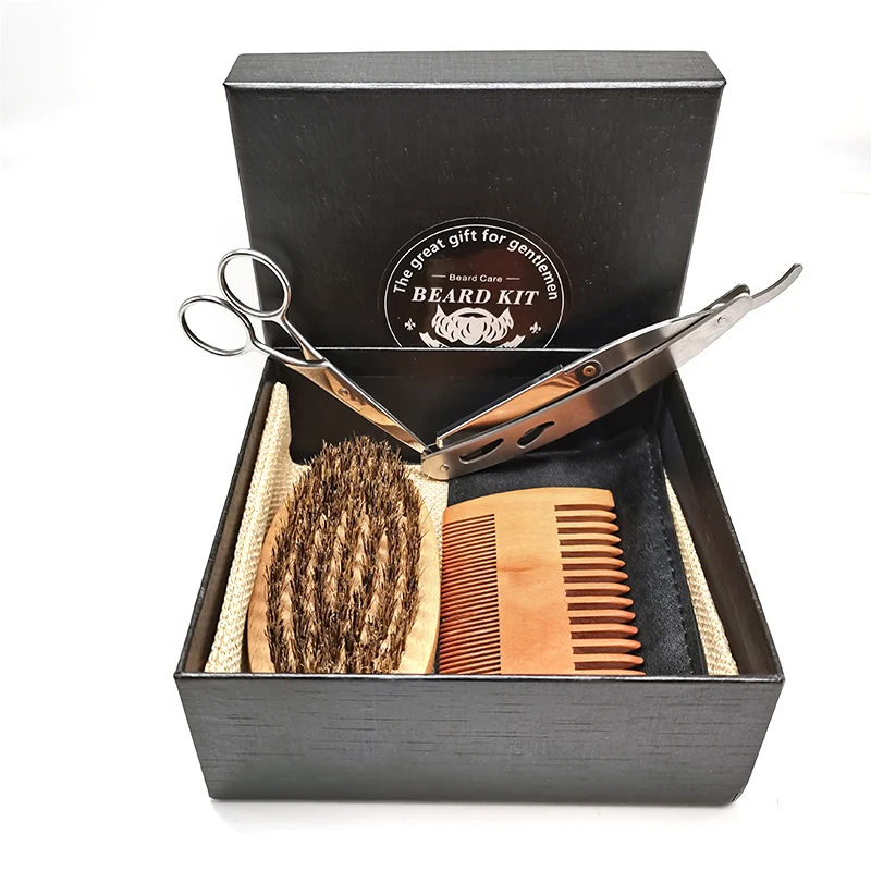 Male beard grooming tool bag beard brush set custom own logo wooden beard comb for men