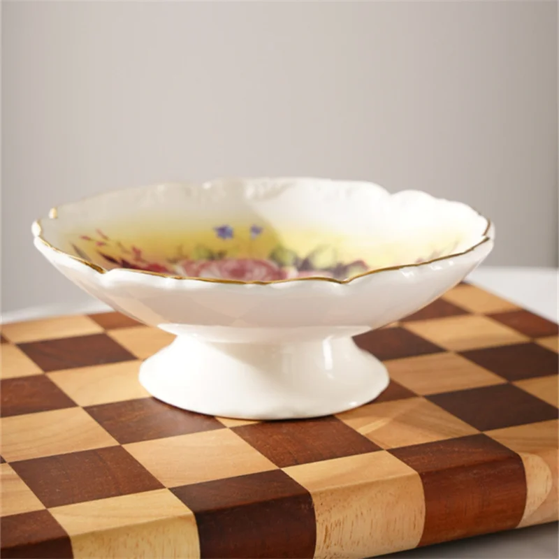 European style embossment gold rim dry fruit seving plate cake refreshments fruit dish luxury rose pattern white compote