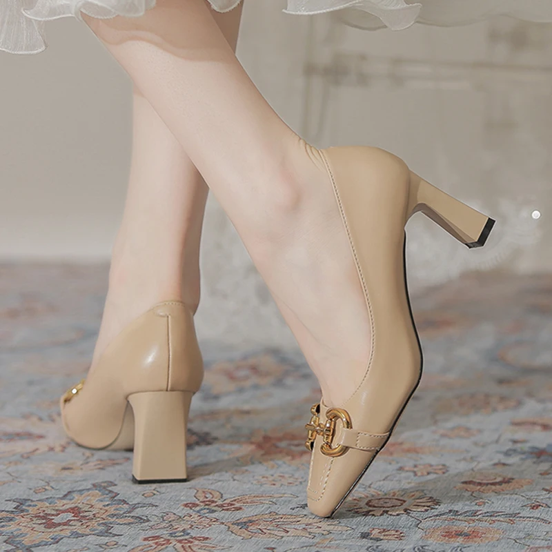 2022 New High Quality Women Pumps Metal Chain Decoration Sexy Shallow Square Toe Female Office High Heels Shoe