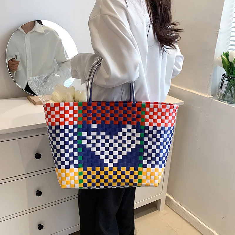 Summer Individuality New Arrivals Portable Color Contrast Ladies Purse Vacation Beach Shopping Vegetable Basket Tote Bag