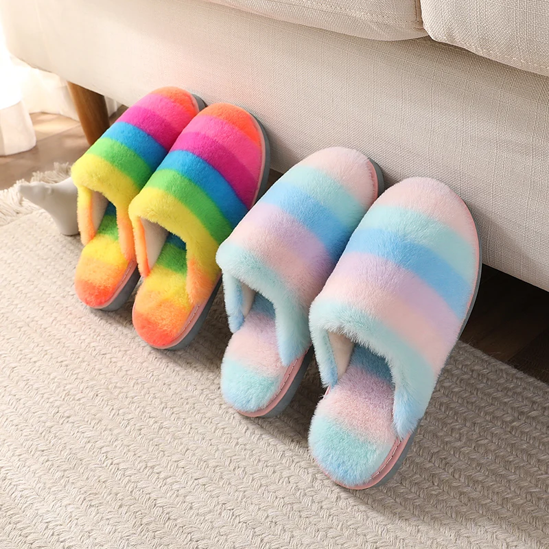 Fashion new cute mixed colorful children rabbit fur plash child home bedroom children slippers