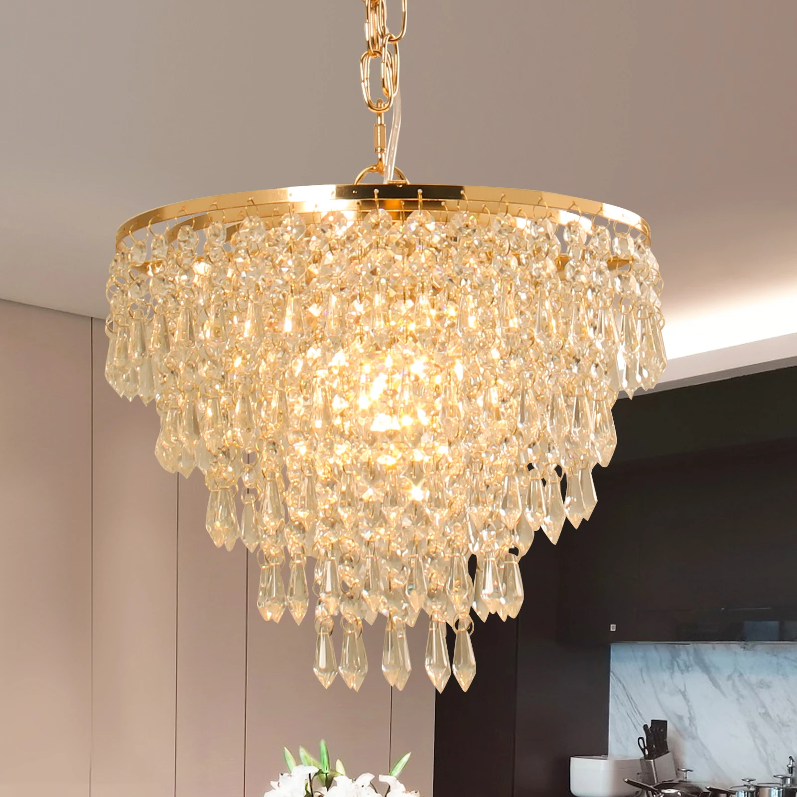 11.8-Inch Modern Luxury K9 Crystal Pendant Light with Five Layers and LED Bulb for Living Room Dining Room Bedroom