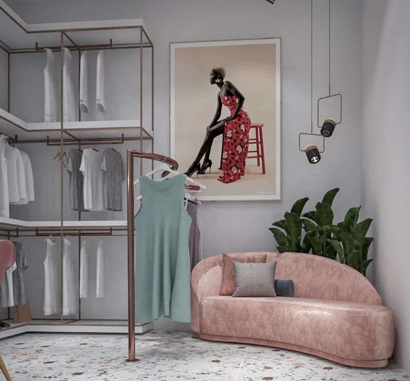 Free Design Women Clothing Shop Interior display accessories design rose gold stainless steel shelves delicate display rack
