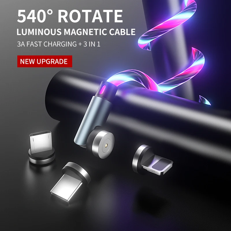 
Lm3B Amazon Top Seller 540 Rotation Type C Fast Universal Usb Magnetic Phone Charger Cable Led Luminous Flowing Micro Cable 
