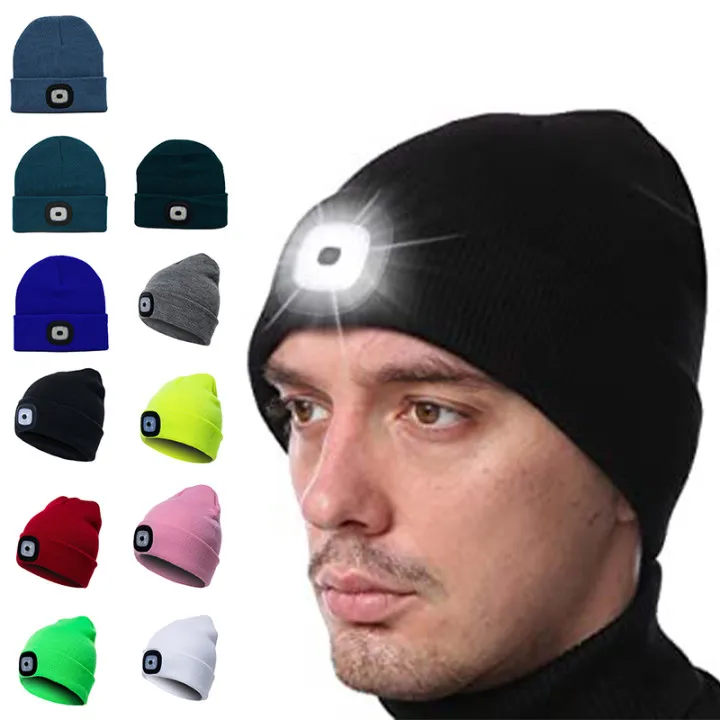 Logo Customized Embroidered 4 Led Lighted Running Hat Beanie Headlamps Outdoor Winter Led Light Hat Button Battery