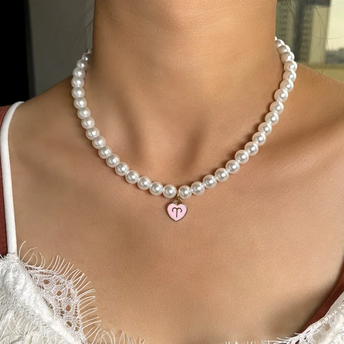 2022 New Design Fashion Enamel Pink Heart Pendant 12 Horoscope Pearl Beaded Zodiac Sign Choker Necklace For Women
