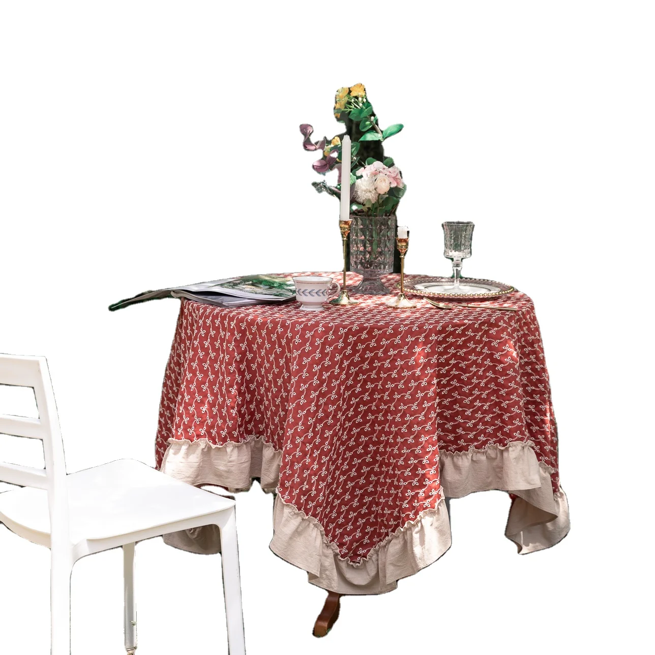 OEM Wholesale Nordic Home Decor Small Fresh Tablecloth Printed Flower Pattern Jacquard Cotton Linen Table Cloth With Tassels