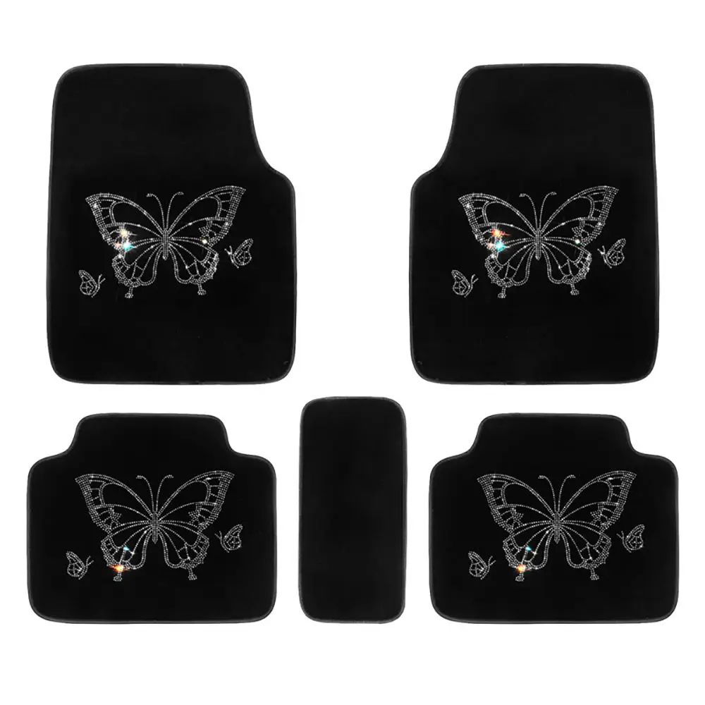 5 PCS Car Floor Mat Leather Bling Butterfly Car Interior Non-slip Floor Cushion Front Rear Carpet for Universal Car