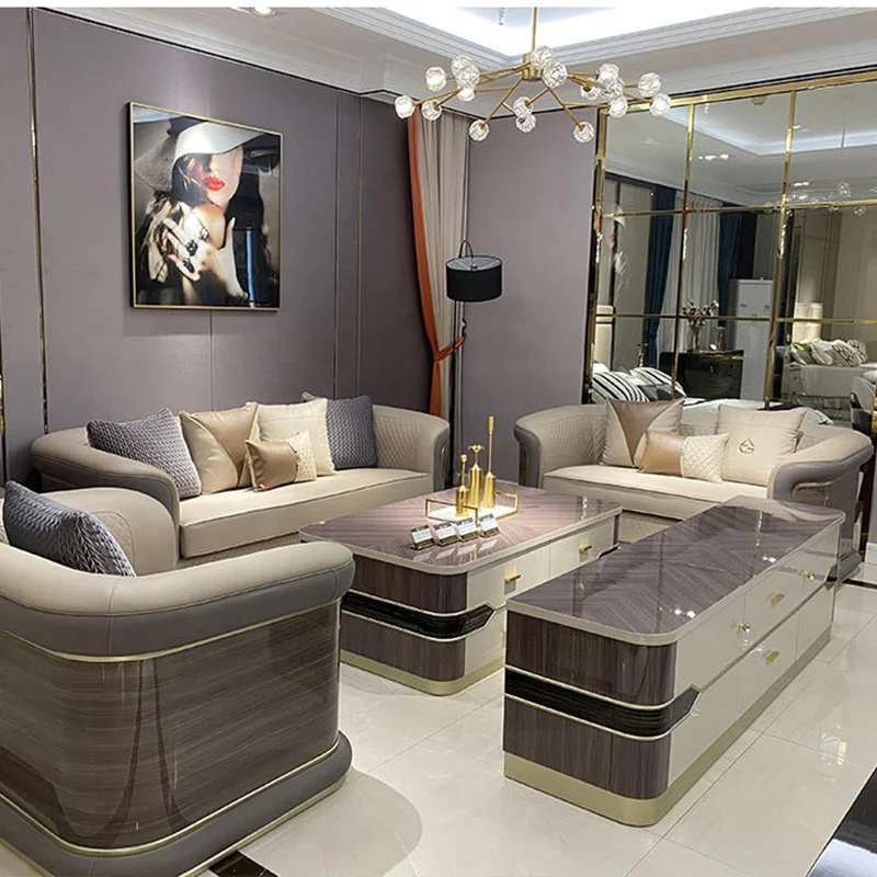Italian light luxury leather sofa modern simple luxury large family villa living room sofa luxury sofa set