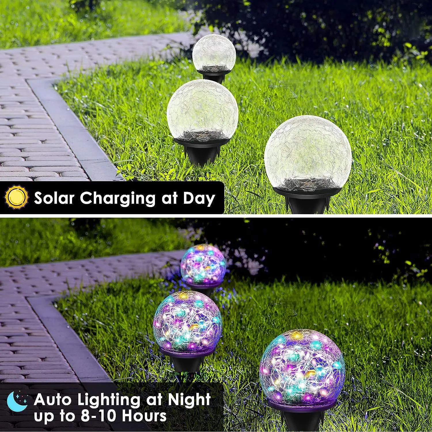 Garden Solar Lights Outdoor Decorative LED Colored Cracked Glass Solar Globe Lights Upgraded Waterproof Ball Lights for Yard
