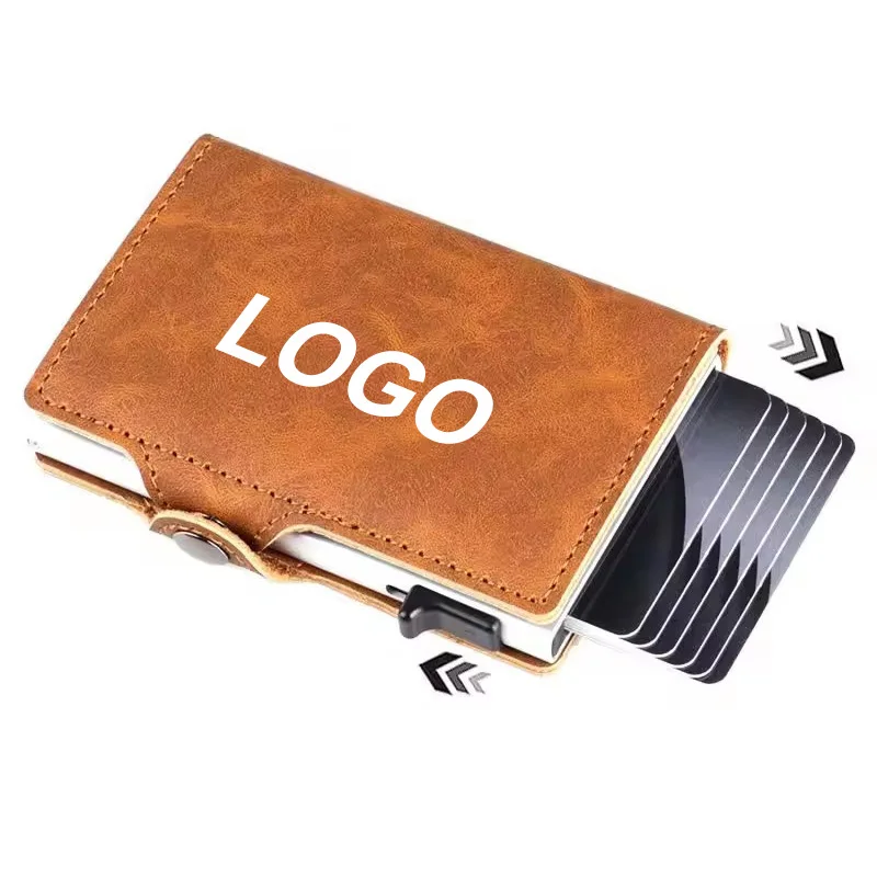 XD892 Custom Men PU Leather Wallet Designer Pop-Up Metal Aluminum Credit Card Holder RFID Shielding Safe Portefeuille Homme Cuir