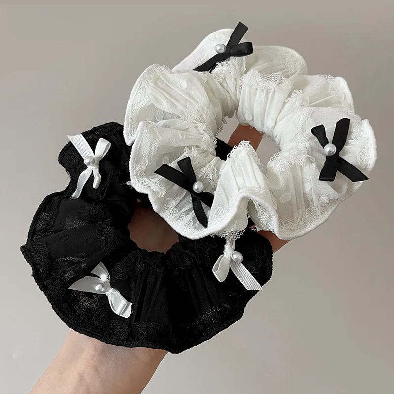 All-match Fashion Yarn Fabric Hair Scrunchies Ribbon Bow Hair Ties Pearls Charm Elastic Hair Band for Women Scrunchy