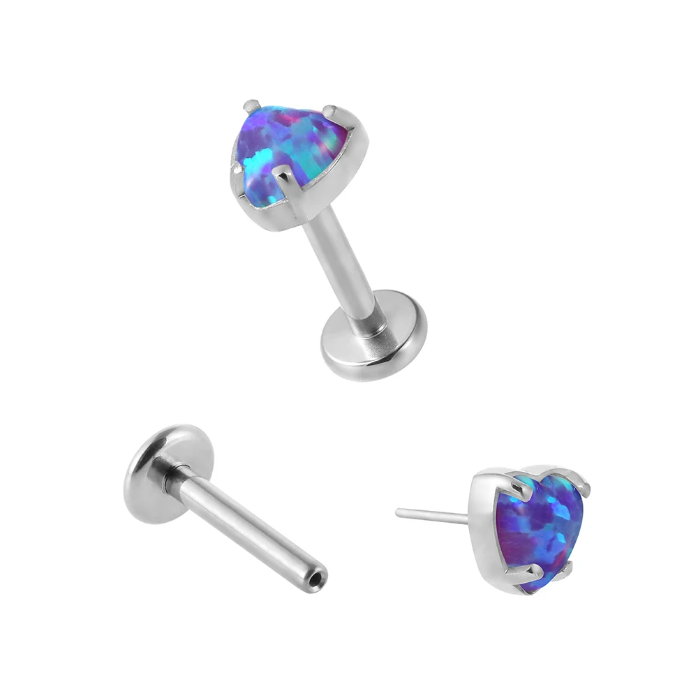 Superstar Custom fashion ASTM F136 titanium prong setting heart-shaped opal lip stud body piercing jewelry threadless labret